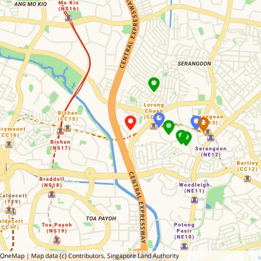 Area map around One Chuan Grove with Lorong Chuan and Serangoon MRT, NEX and nearby schools marked